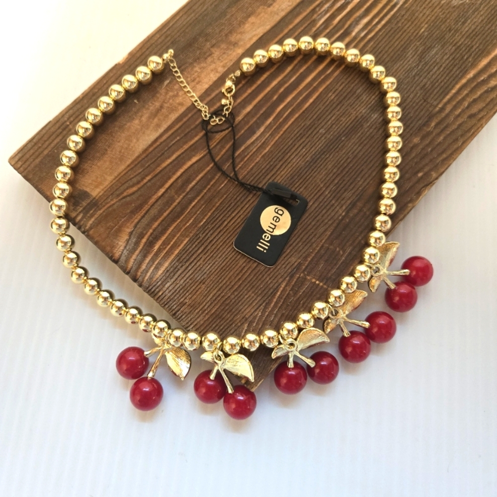 Gemelli Goldtone and Red Cherry Necklace NWT